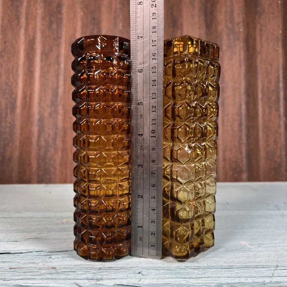 Vintage Mid Century Amber Glass Vases Pair Brutalist Geometric Textured MCM 70s
